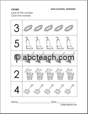 Worksheet: Chores – Color the Number (preschool/primary)