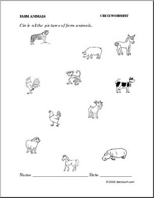 Worksheet: Farm Animals – circle (preschool/primary) -b/w