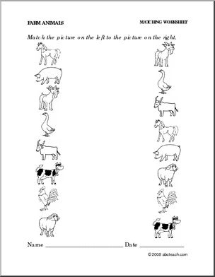 Worksheet: Farm Animals – Match Pictures (preschool/primary) – Abcteach