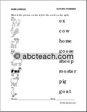 Worksheet: Farm Animals – Match Pictures to Words (preschool/primary)