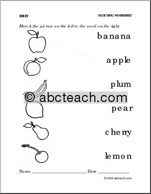 Worksheet: Fruit  – Match Pictures to Words (preschool/primary)
