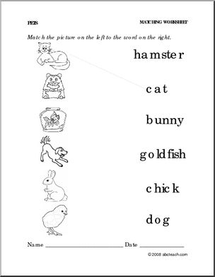 Worksheet: Pets – Match Pictures to Words (preschool/primary)