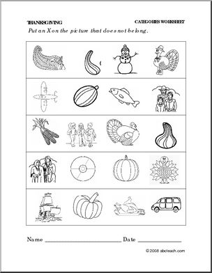 Worksheet: Thanksgiving- Categories (preschool/primary)