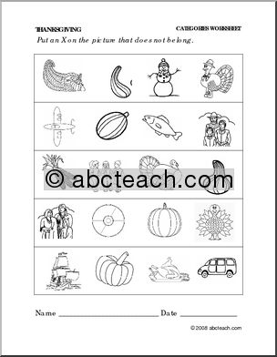 Worksheet: Thanksgiving- Categories (preschool/primary)