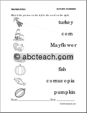 Worksheet: Thanksgiving- Match Pictures and Words (preschool/primary)