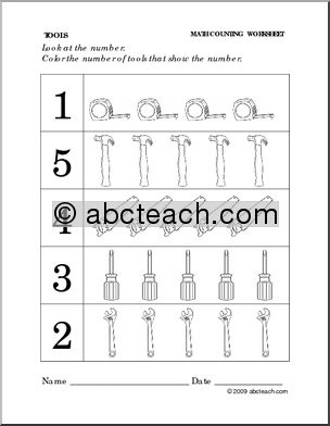 Worksheet: Tools – Color the Number (preschool/primary)