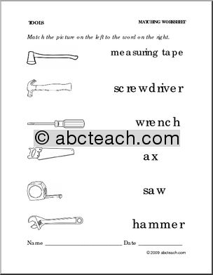 Worksheet: Tools – Match Pictures to Words (preschool/primary)