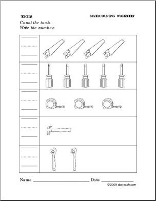Worksheet: Tools – Write the Number (preschool/primary)