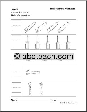 Worksheet: Tools – Write the Number (preschool/primary)