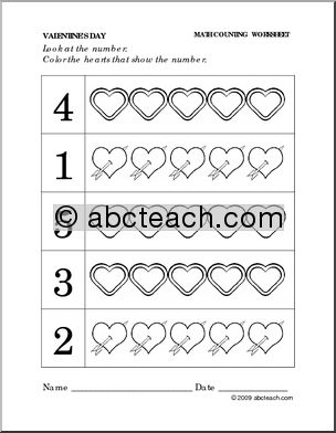 Worksheet: Valentine’s Day – Color the Number (preschool/primary)