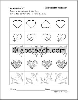 Worksheet: Valentine’s Day – Same and Different (preschool/primary)