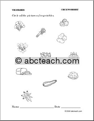 Worksheet: Vegetables – circle (preschool/primary) -b/w