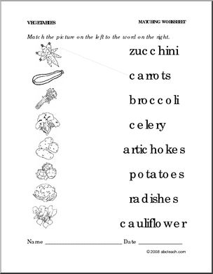 Worksheet: Vegetables – Match Pictures and Words (preschool/primary)