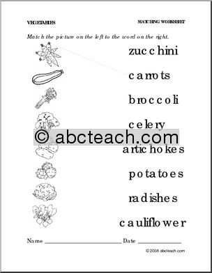 Worksheet: Vegetables – Match Pictures and Words (preschool/primary)