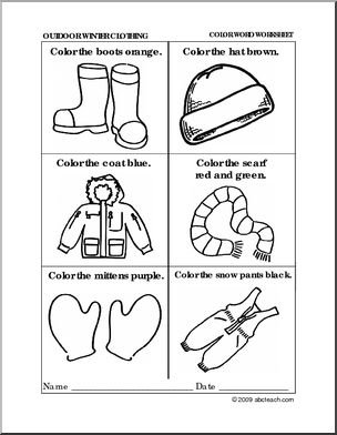 Worksheet: Winter Clothing Coloring (preschool/primary) -b/w