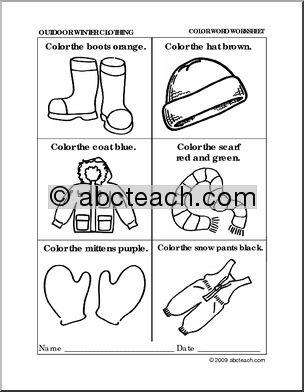 Worksheet: Winter Clothing Coloring (preschool/primary) -b/w