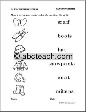 Worksheet: Winter Clothing  – Match Pictures to Words (preschool/primary)