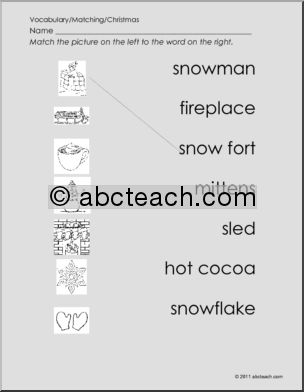 Winter Pictures to Words (preschool) Matching