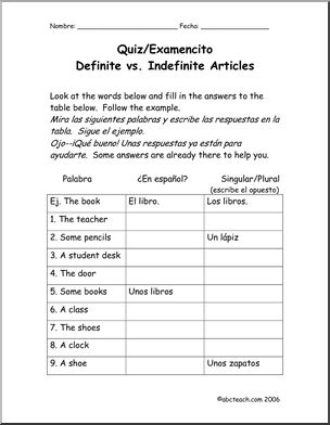 Spanish: Spanish 1 – Examencito de ArtÃŒculos Definidos e Indefinidos (secundaria)