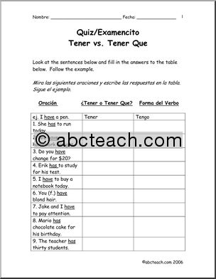 Spanish: Spanish 1 – Examencito de “Tener y Tener que” 1 (secundaria)