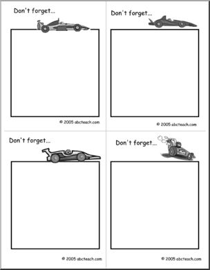Notecard:  Reminder (race car theme)  black and white