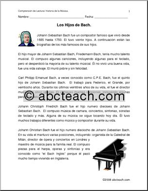 Spanish: ComprensiÃ›n de lectura – Los hijos de Bach (elementaria/secundaria)