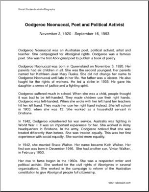 Biography: Australian Poet Oodgeroo Noonuccal (elem)