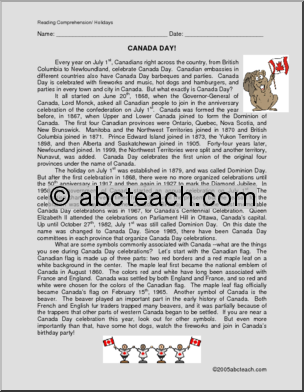 Comprehension: Canada Day (upper elem/ middle)