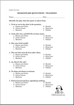 Worksheets: Shakespeare’s Tragedies – quotes (middle school/high school)