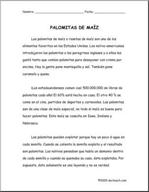 Spanish: ComprensiÃ›n de Lectura: Las Palomitas de MaÃŒz (primaria/secundaria)