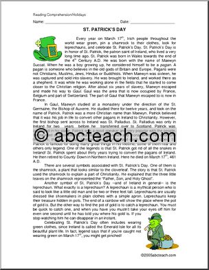 Comprehension: St. Patrick’s Day (elementary)