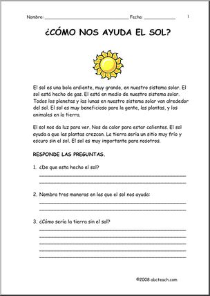 Spanish: ComprensiÃ›n de lectura – El Sol (elementaria/secundaria)