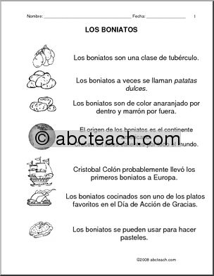 Spanish: ComprensiÃ›n de lectura – Los boniatos (elementaria/secundaria)