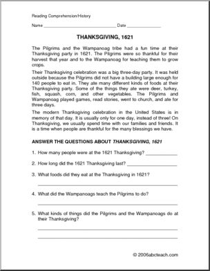 Comprehension: Thanksgiving in 1621 (elem)