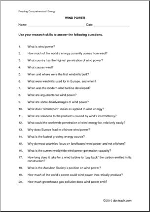 Comprehension: Wind Energy (middle/high school)