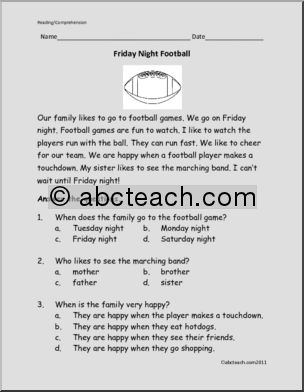 Easy Reading Comprehension: Friday Night Football (k-1)