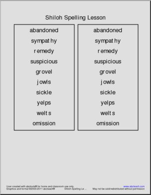 Shiloh Spelling List & Word Search (elem/upper elem) Vocabulary