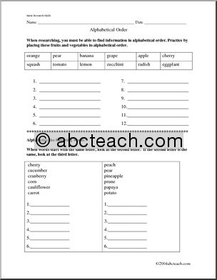 Beginning Research Skills – Alphabetical Order Worksheet