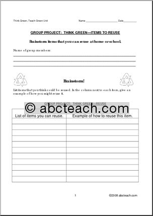 Worksheet: Think Green Group Project – Reusable Items