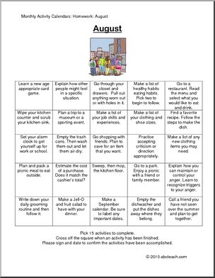 Monthly Activity Calendars: Homework: August (secondary/special needs)