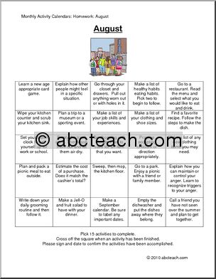 Monthly Activity Calendars: Homework: August (secondary/special needs)