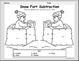 Winter: Snow Fort Subtraction – Coloring Page