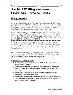 Spanish:  Spanish 1 – Escritura: Â°Estoy ocupado! – Una carta (secundaria)