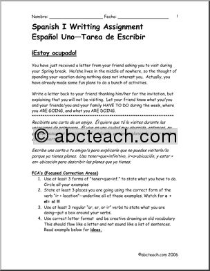 Spanish:  Spanish 1 – Escritura: Â°Estoy ocupado! – Una carta (secundaria)