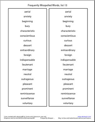 Frequently Misspelled Words (list 13) Spelling List