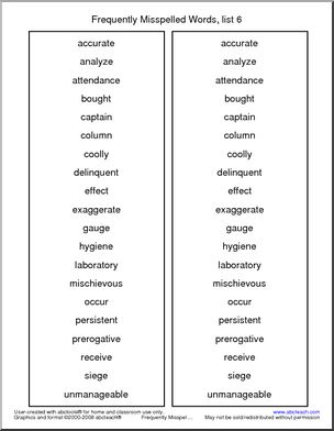 Frequently Misspelled Words (list 6) Spelling List