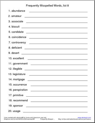 Frequently Misspelled Words (list 8) Spelling List