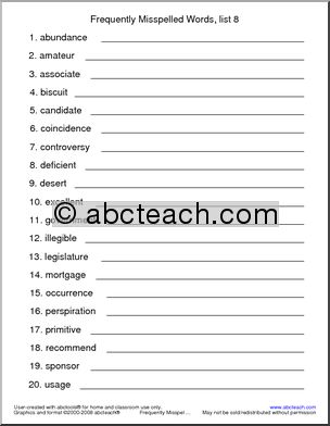 Frequently Misspelled Words (list 8) Spelling List
