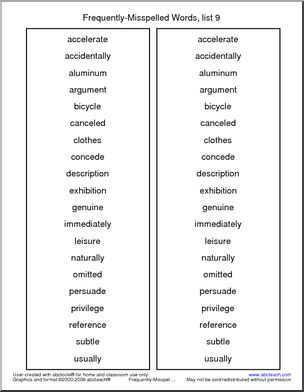 Frequently Misspelled Words (list 9) Spelling List
