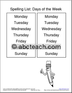 Spelling List: Days of the Week